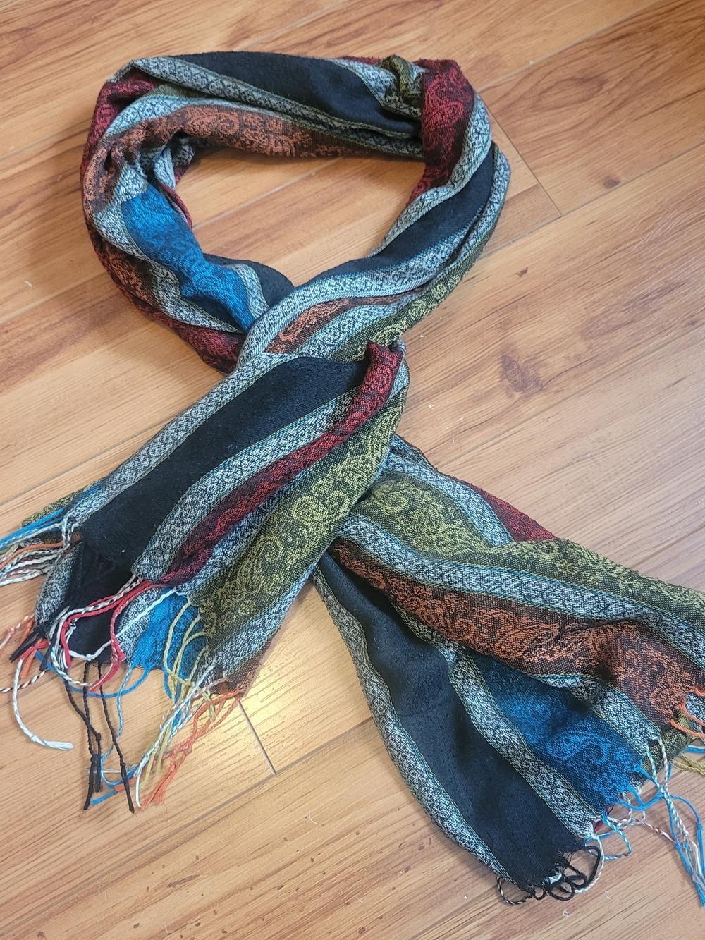 Multicolor Paisley Striped Scarf - Black, Blue, Green, Red,  Yellow